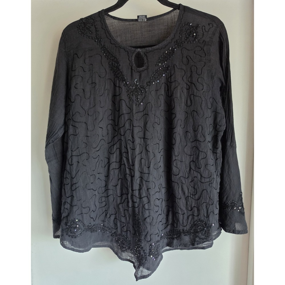 Women XL Black Cotton Boho Long Sleeve Blouse Round Neck Abstract Top Shirt